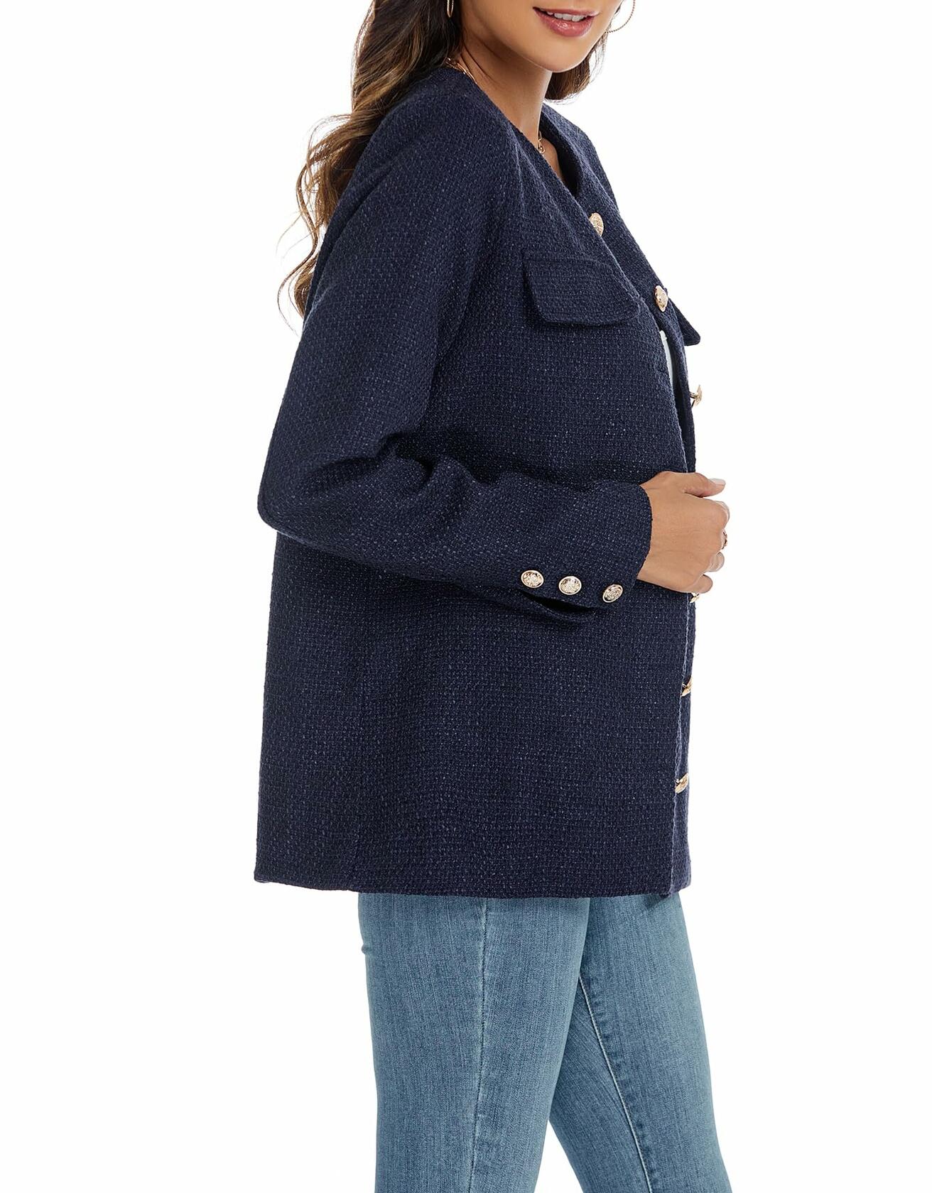 YEXPINE Women's Tweed Blazer Jacket Button Down Business Work Blue Size S
