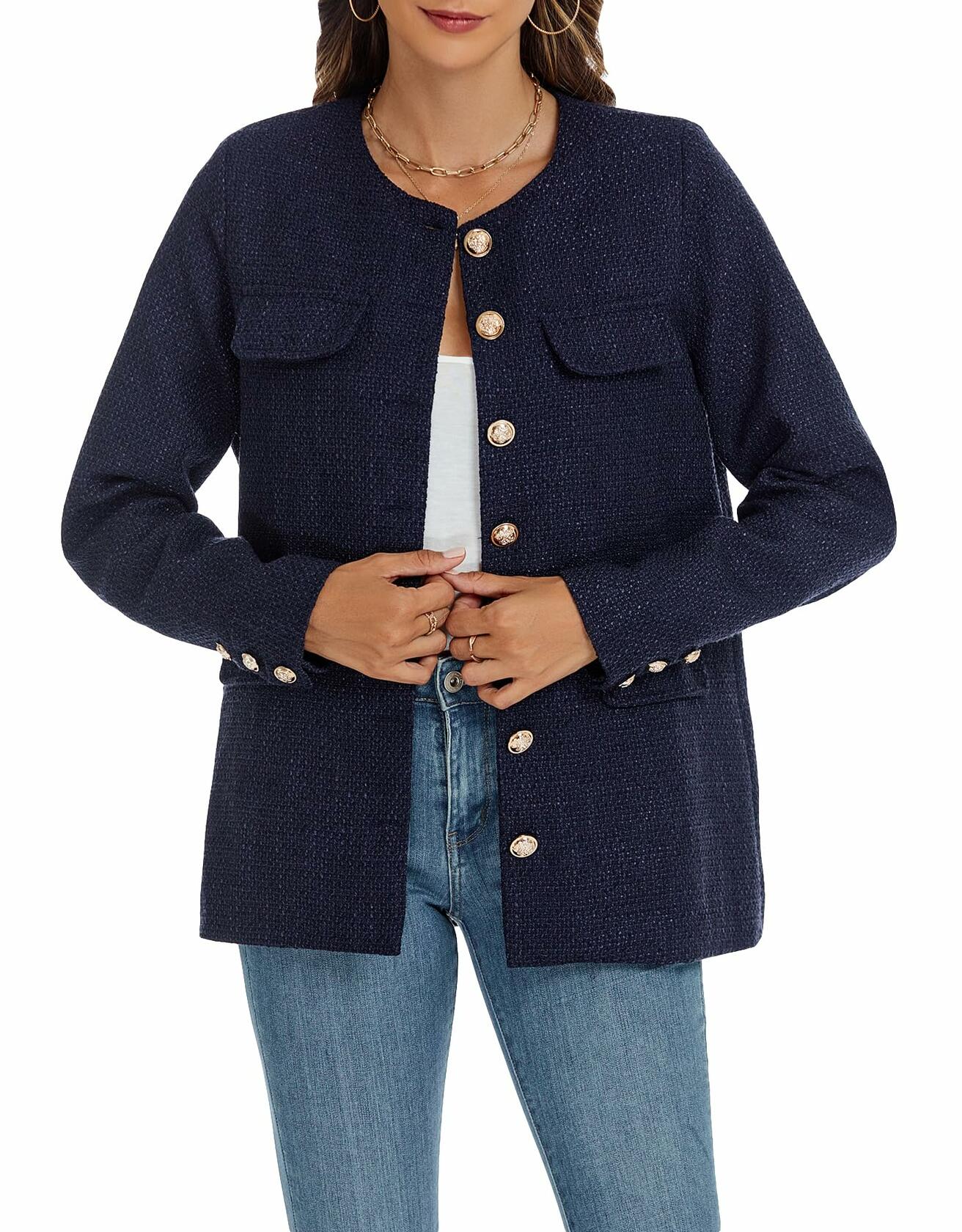 YEXPINE Women's Tweed Blazer Jacket Button Down Business Work Blue Size S