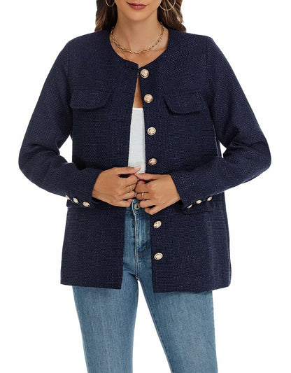 YEXPINE Women's Tweed Blazer Jacket Button Down Business Work Blue Size S
