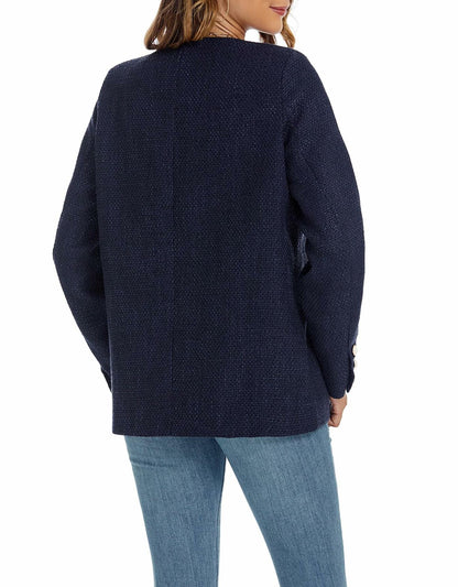 YEXPINE Women's Tweed Blazer Jacket Button Down Business Work Blue Size S