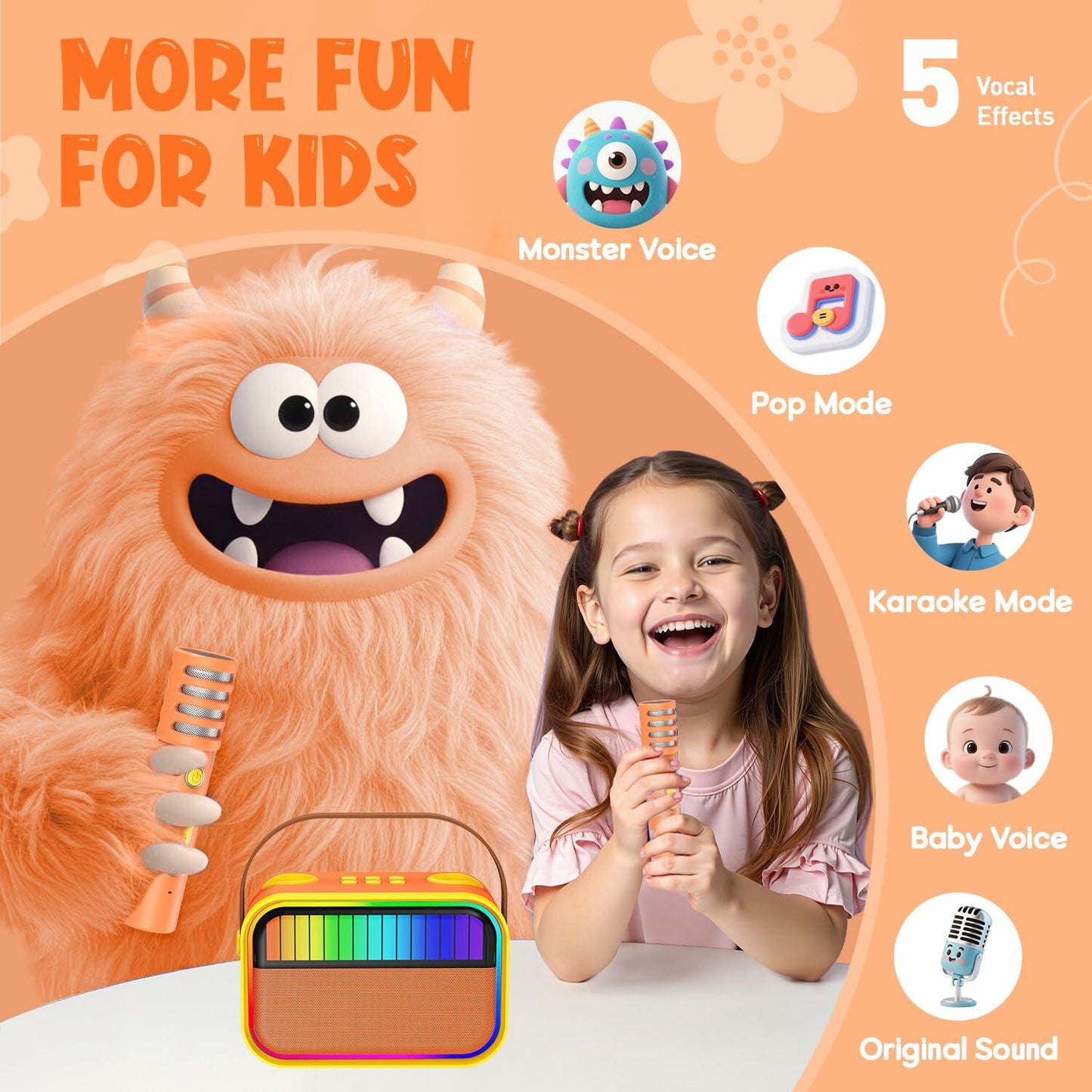 VERKB Karaoke Machine for Kids Portable Bluetooth Speaker 2 Mics Orange