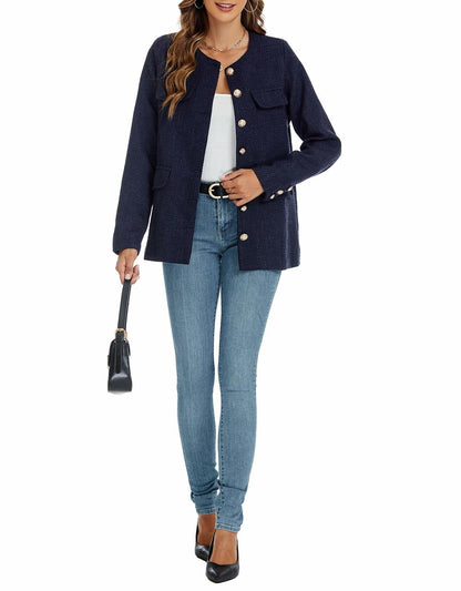 YEXPINE Women's Tweed Blazer Jacket Button Down Business Work Blue Size S