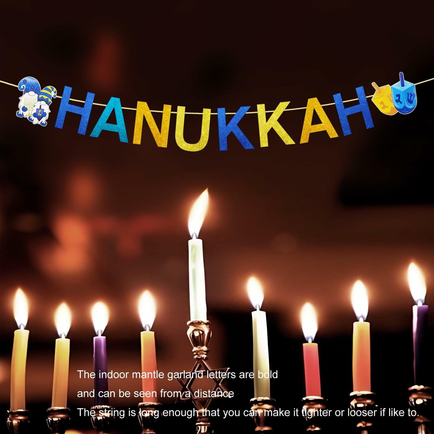 DONCIDAY Happy Hanukkah Glitter Banner Blue Paper Garland Party Decor