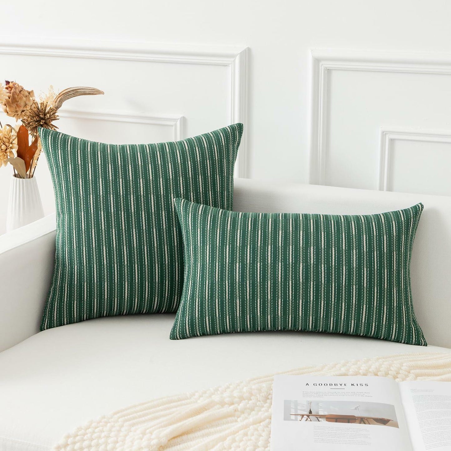 K KEVIN TEXTILE Boho Woven 18x18 Pillow Covers Set of 2 Dark Green