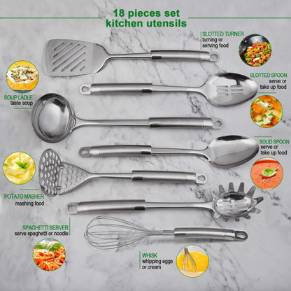 StnKitchExplor Stainless Steel Utensil Set 28 Pcs Cooking Tools Silver Holder