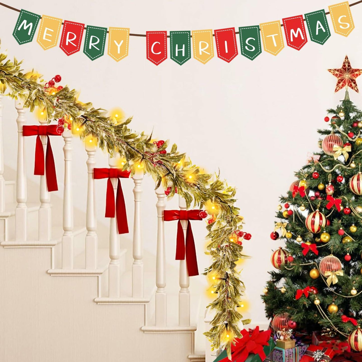 HUZIYAHAN 9FT Christmas Mistletoe Garland with 30 LED Lights Red Berry