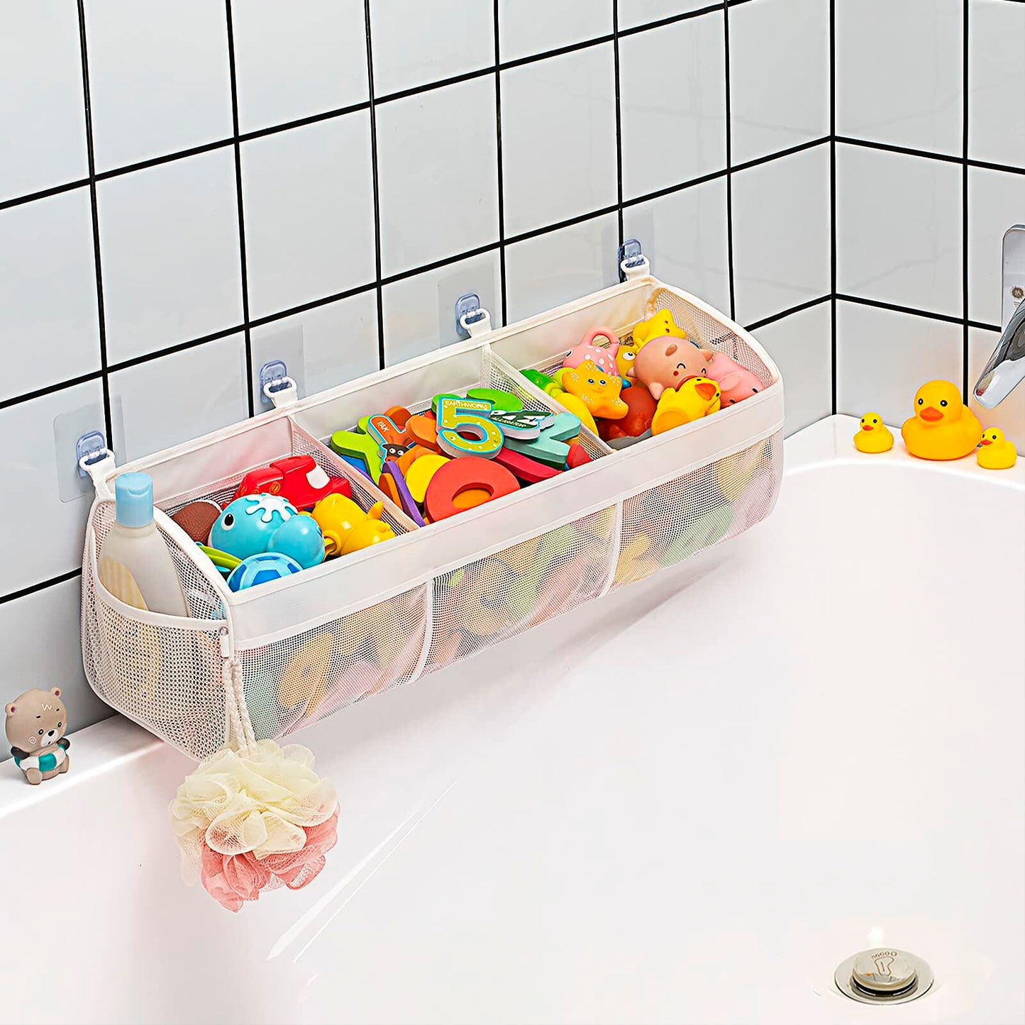 Austion 3 Compartment Horizontal Bath Toy Organizer Large White Mesh