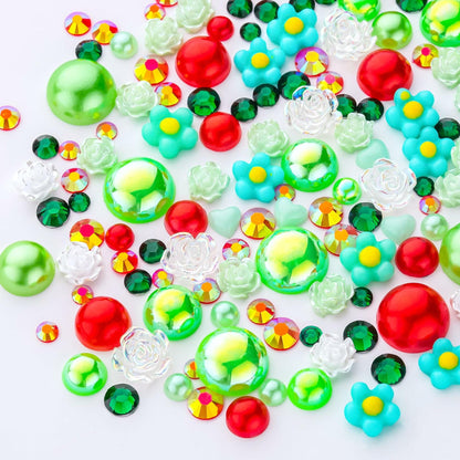 MYYKO 160g Christmas Flatback Rhinestones Half Pearls Mix Size 3-10mm Red Green