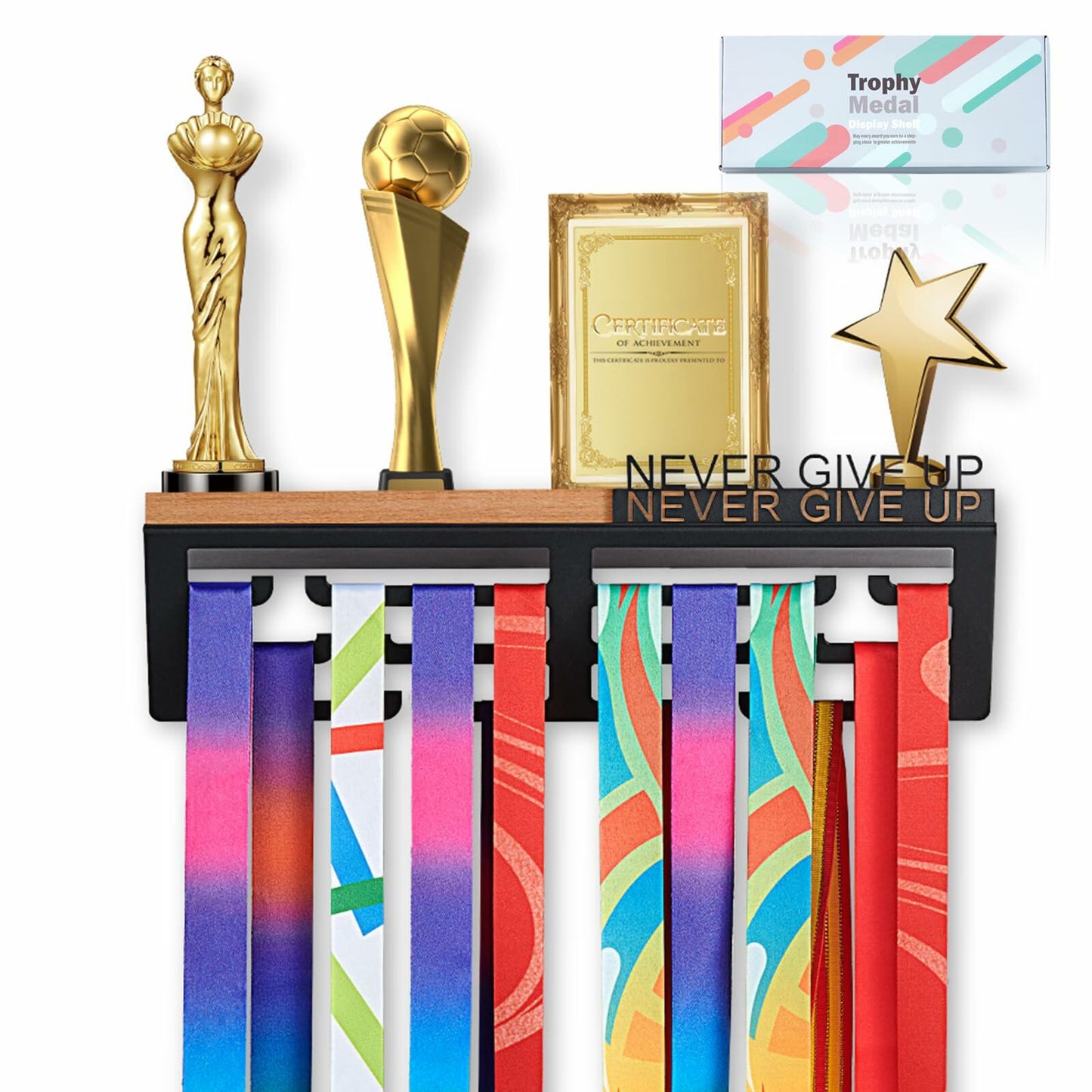 Datoua Medal Hanger Display & Trophy Shelf Combo 5.3" Deep Metal Black