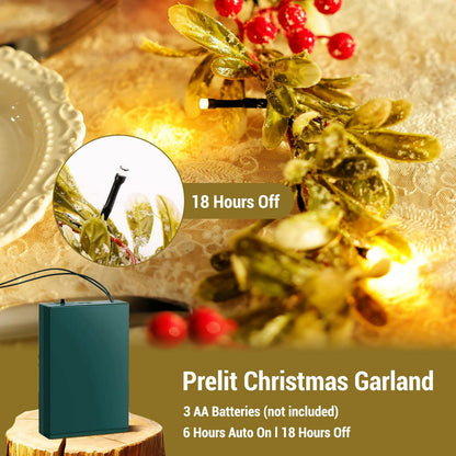 HUZIYAHAN 9FT Christmas Mistletoe Garland with 30 LED Lights Red Berry