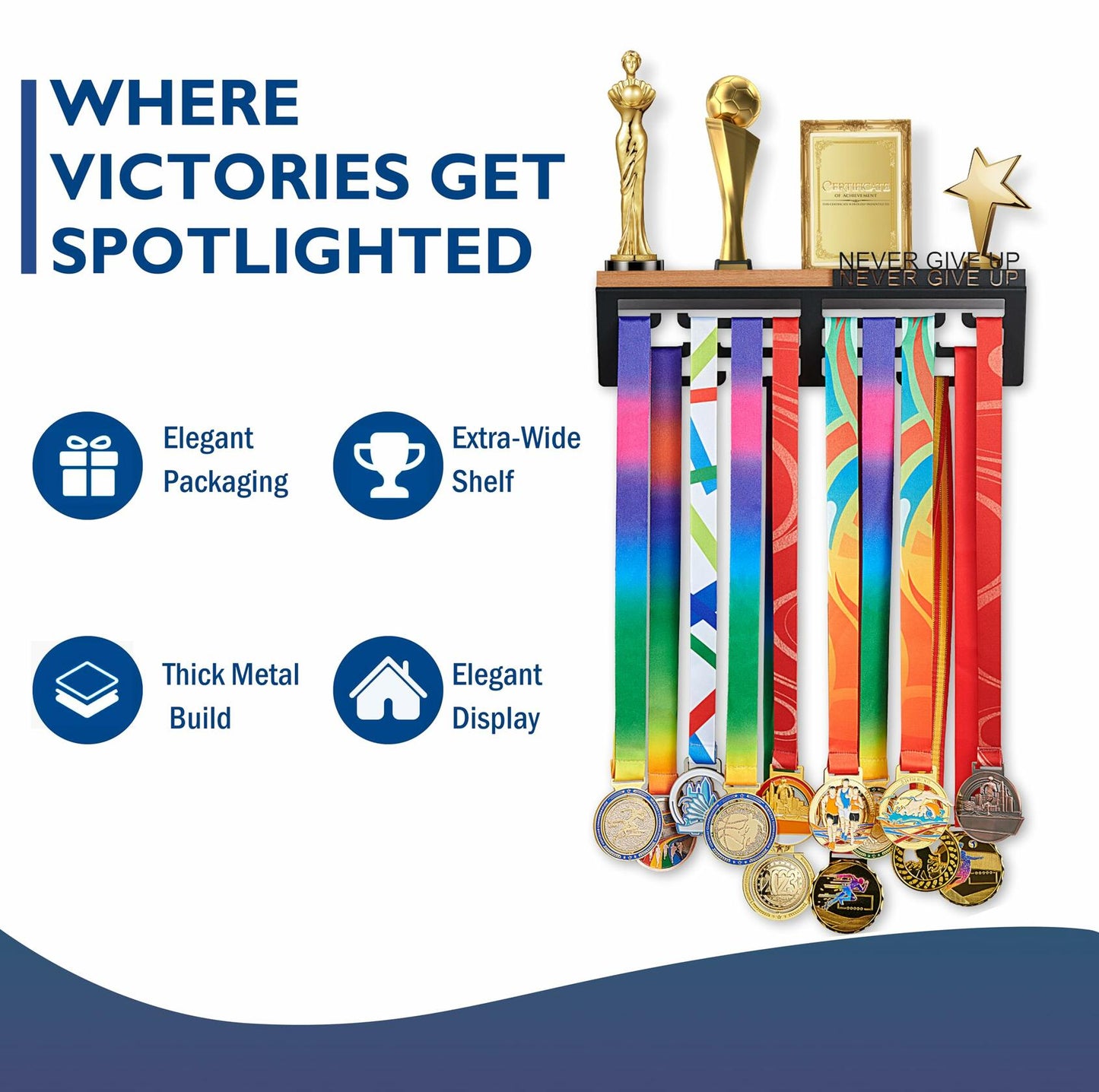 Datoua Medal Hanger Display & Trophy Shelf Combo 5.3" Deep Metal Black