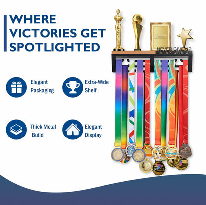 Datoua Medal Hanger Display & Trophy Shelf Combo 5.3" Deep Metal Black