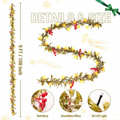 HUZIYAHAN 9FT Christmas Mistletoe Garland with 30 LED Lights Red Berry