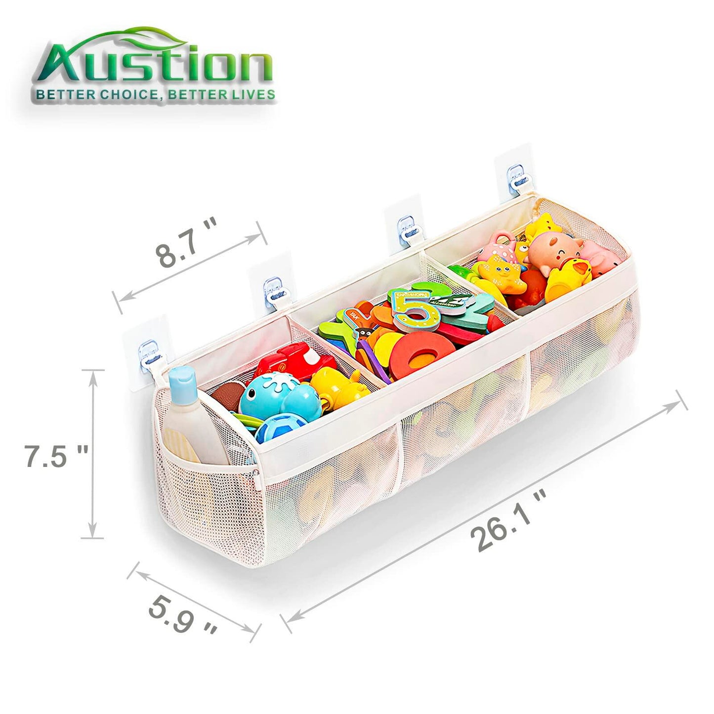 Austion 3 Compartment Horizontal Bath Toy Organizer Large White Mesh
