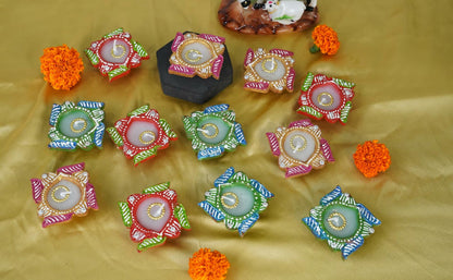 4OUR FAITH 12 Pc Multicolor Terracotta Swastik Wax Diyas Oil Lamps