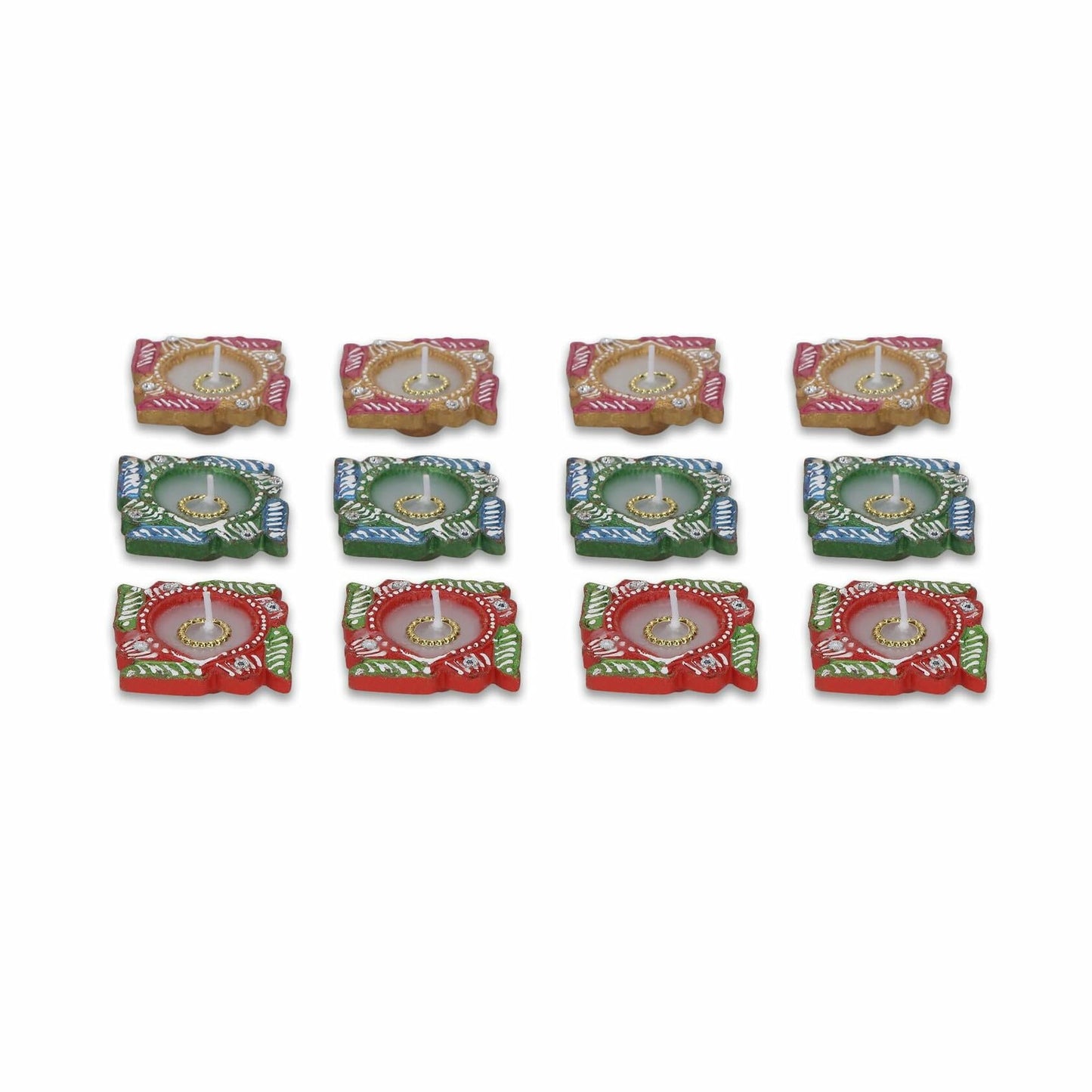 4OUR FAITH 12 Pc Multicolor Terracotta Swastik Wax Diyas Oil Lamps