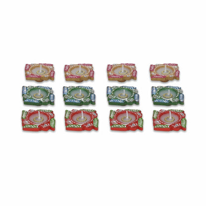 4OUR FAITH 12 Pc Multicolor Terracotta Swastik Wax Diyas Oil Lamps