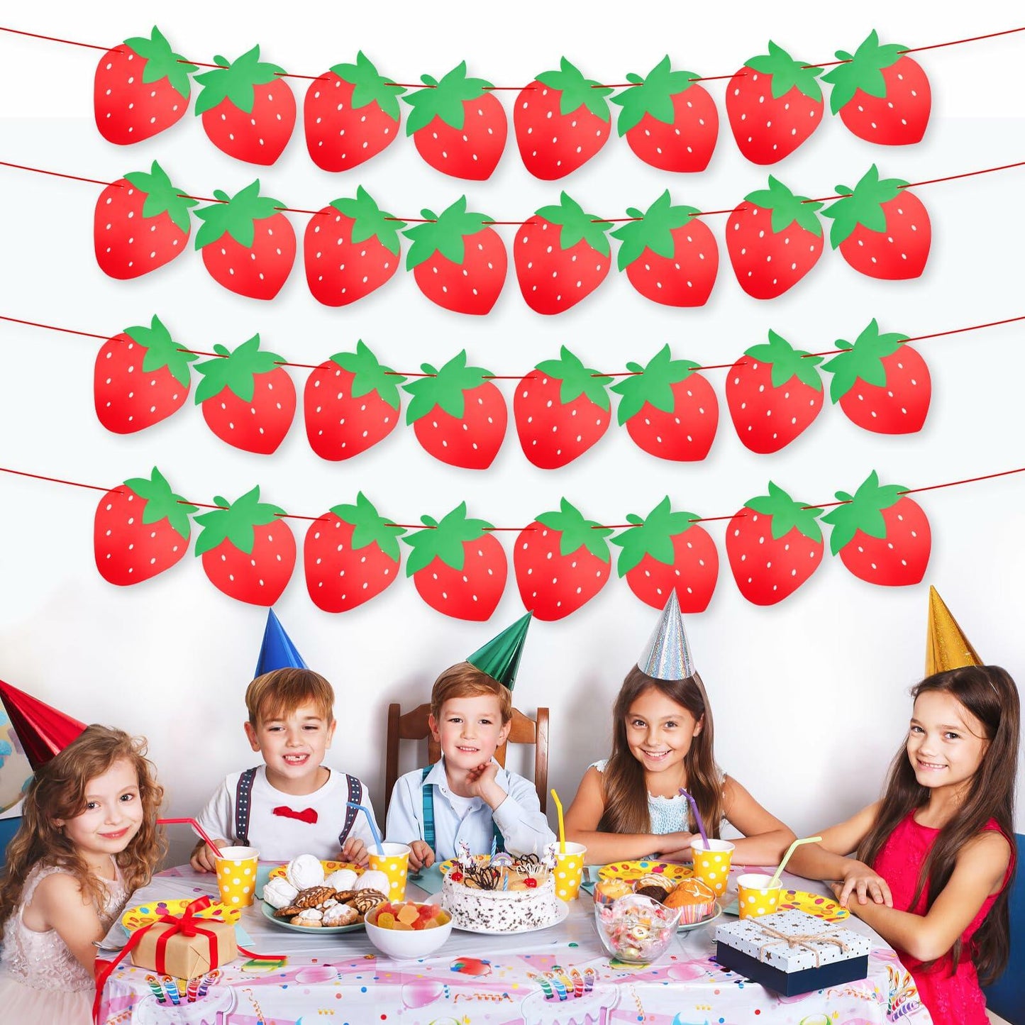 PEUTIER 4pcs Strawberry Party Banners Baby Shower Decorations Red Paper