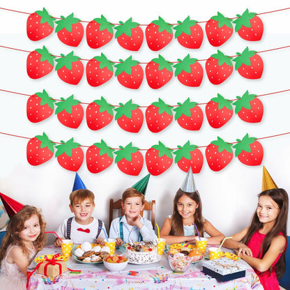 PEUTIER 4pcs Strawberry Party Banners Baby Shower Decorations Red Paper