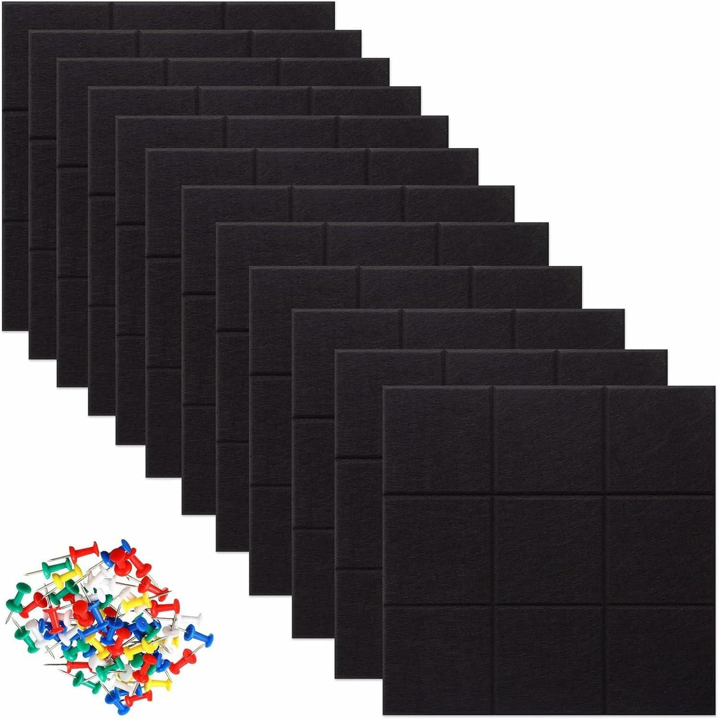 YUSALCEF 12 Pcs Large 11.8" Felt Bulletin Board Tiles Black with 60 Push Pins
