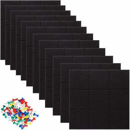 YUSALCEF 12 Pcs Large 11.8" Felt Bulletin Board Tiles Black with 60 Push Pins