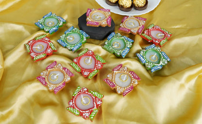 4OUR FAITH 12 Pc Multicolor Terracotta Swastik Wax Diyas Oil Lamps