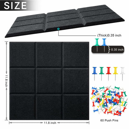 YUSALCEF 12 Pcs Large 11.8" Felt Bulletin Board Tiles Black with 60 Push Pins