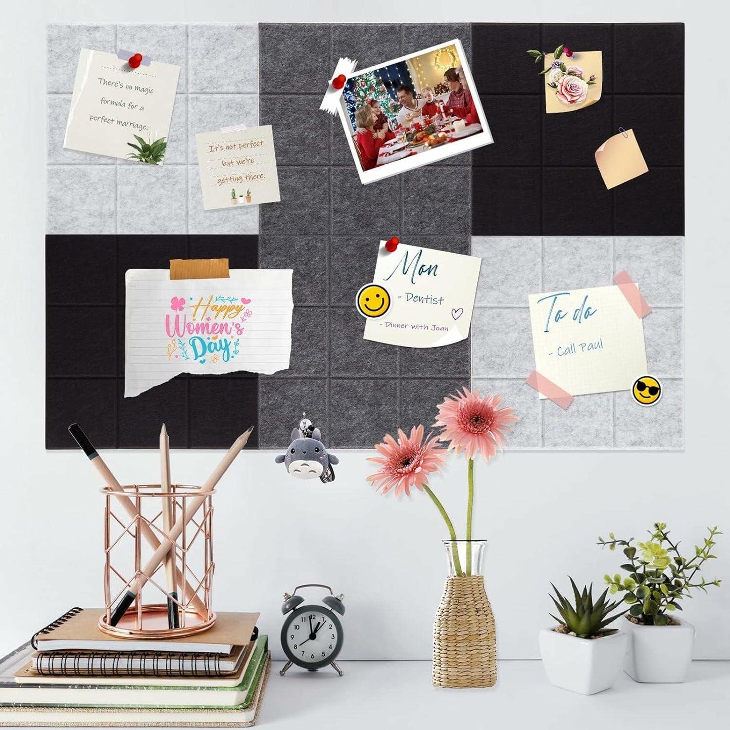 YUSALCEF 12 Pcs Large 11.8" Felt Bulletin Board Tiles Black with 60 Push Pins
