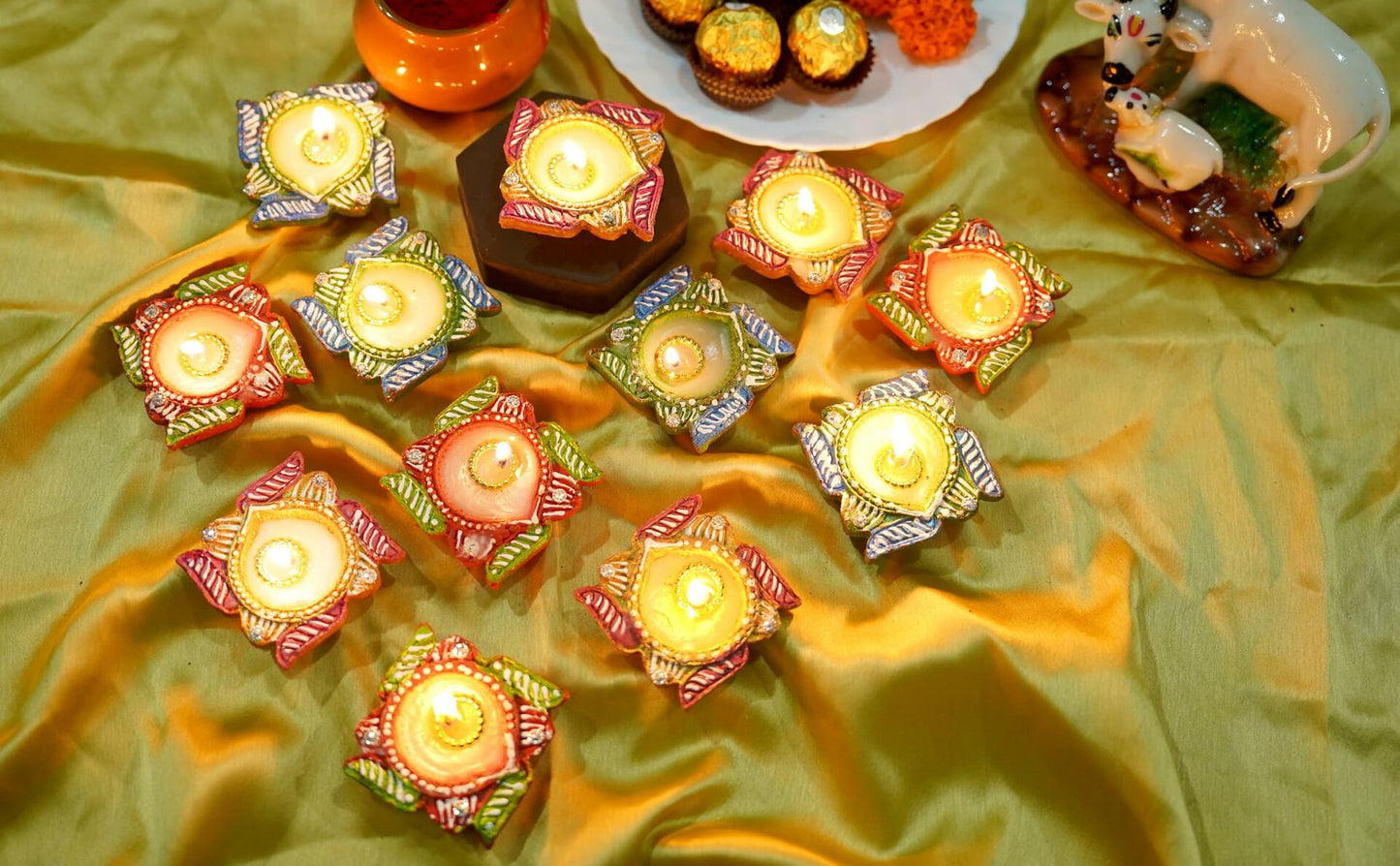 4OUR FAITH 12 Pc Multicolor Terracotta Swastik Wax Diyas Oil Lamps