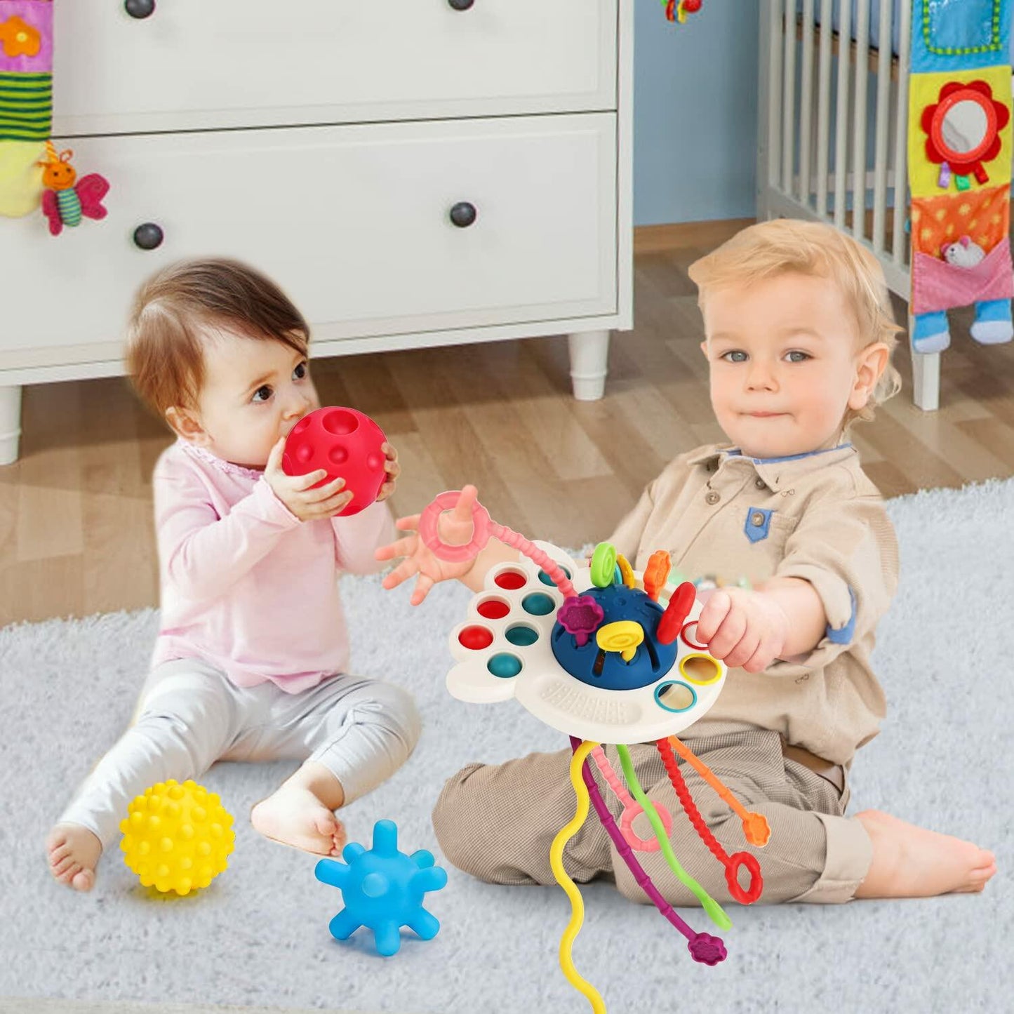 Thremhoo Montessori Silicone Baby Pull String Toy Toddler Red Blue Multi-color