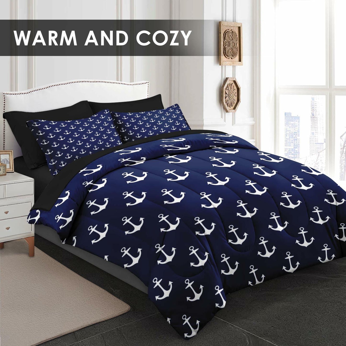 Pamnest Twin Comforter Set Nautical Navy Blue 5 Pcs Bedding Size Twin