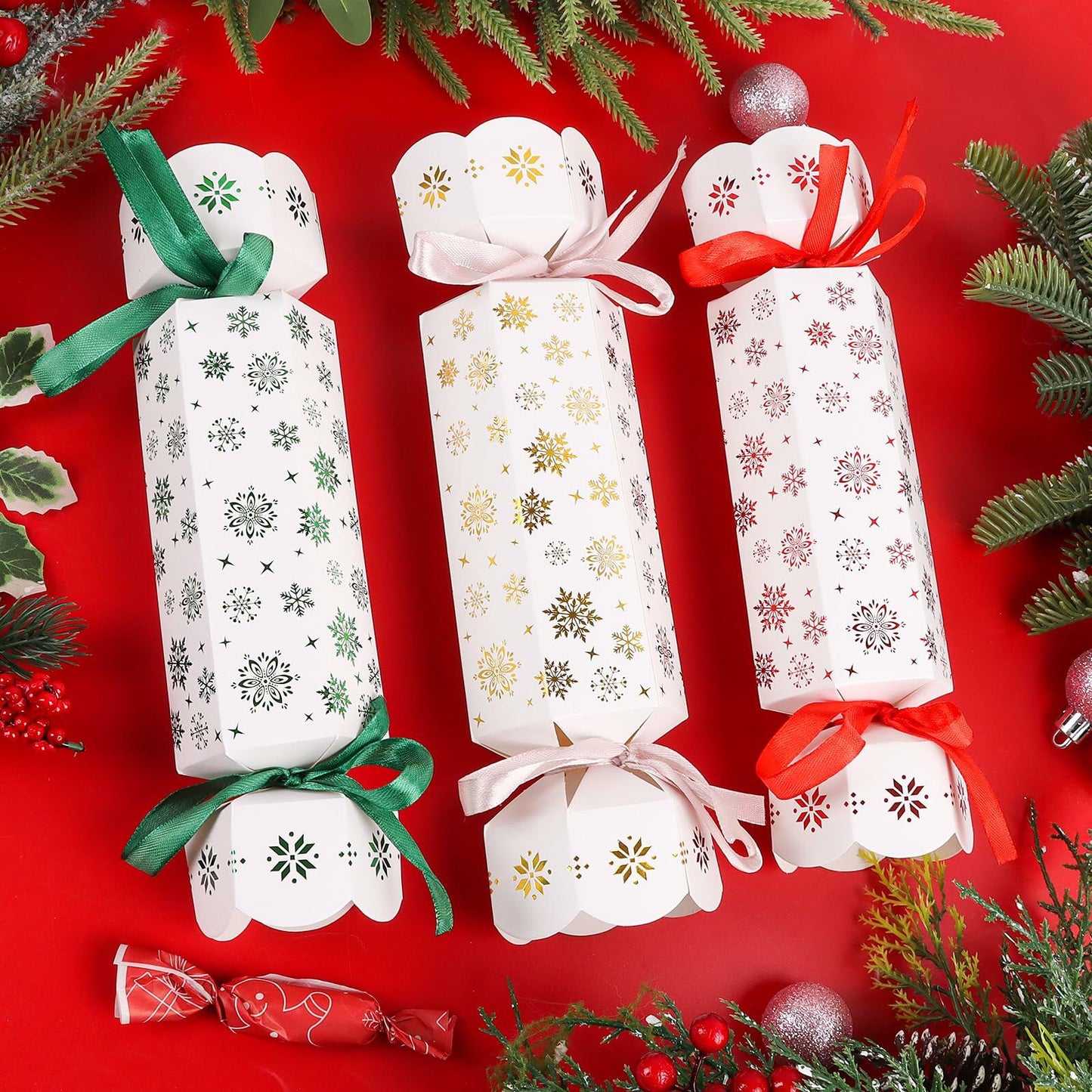 CCINEE Christmas Treat Boxes 24 Pack DIY Snowflake Ribbon Red Paper