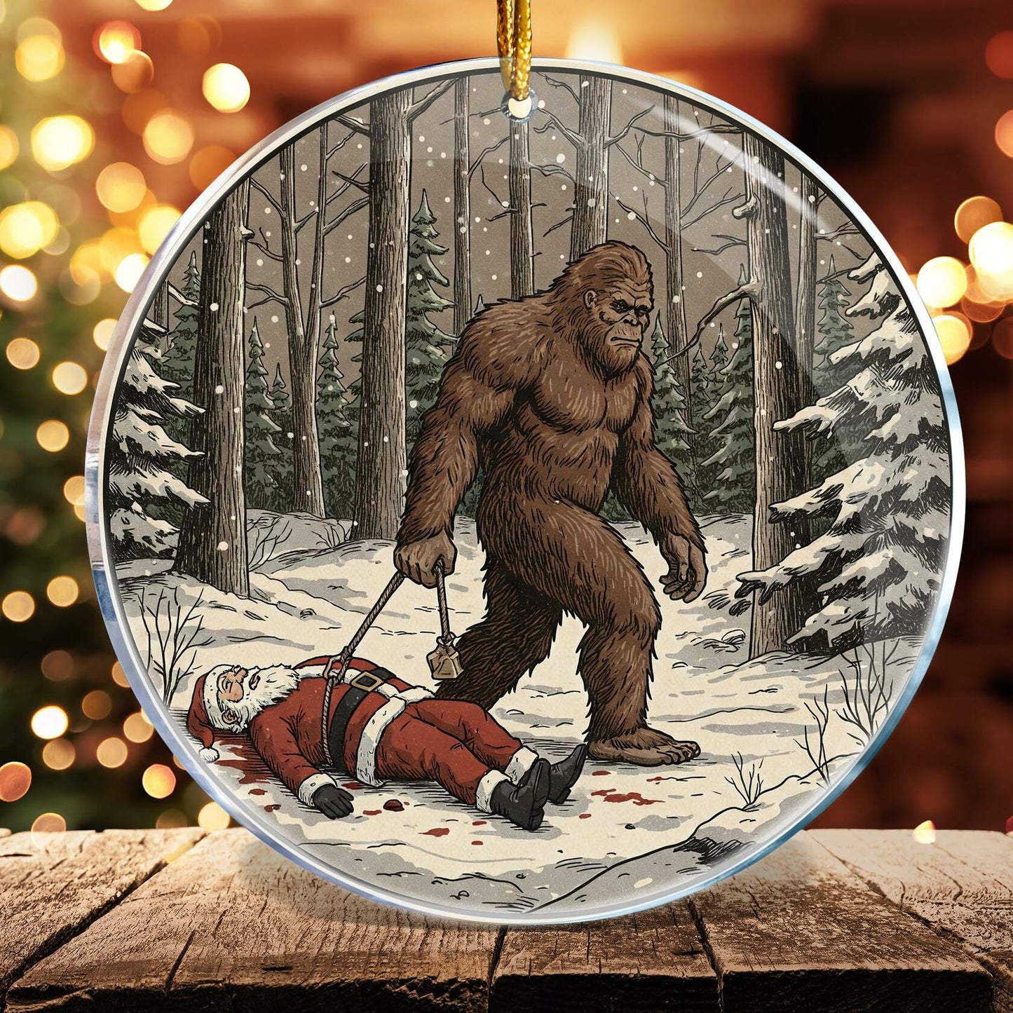 ROCI Bigfoot Killed Santa Christmas Ornament 3.6in Acrylic Funny Gag Gift
