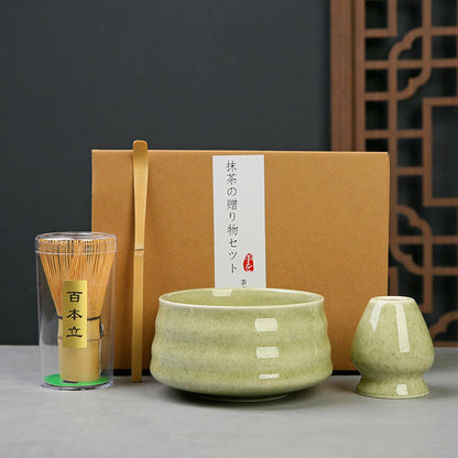 Sfutee Matcha Whisk Set 4pcs Ceramic Bowl Bamboo Scoop Chasen Holder 19oz Green