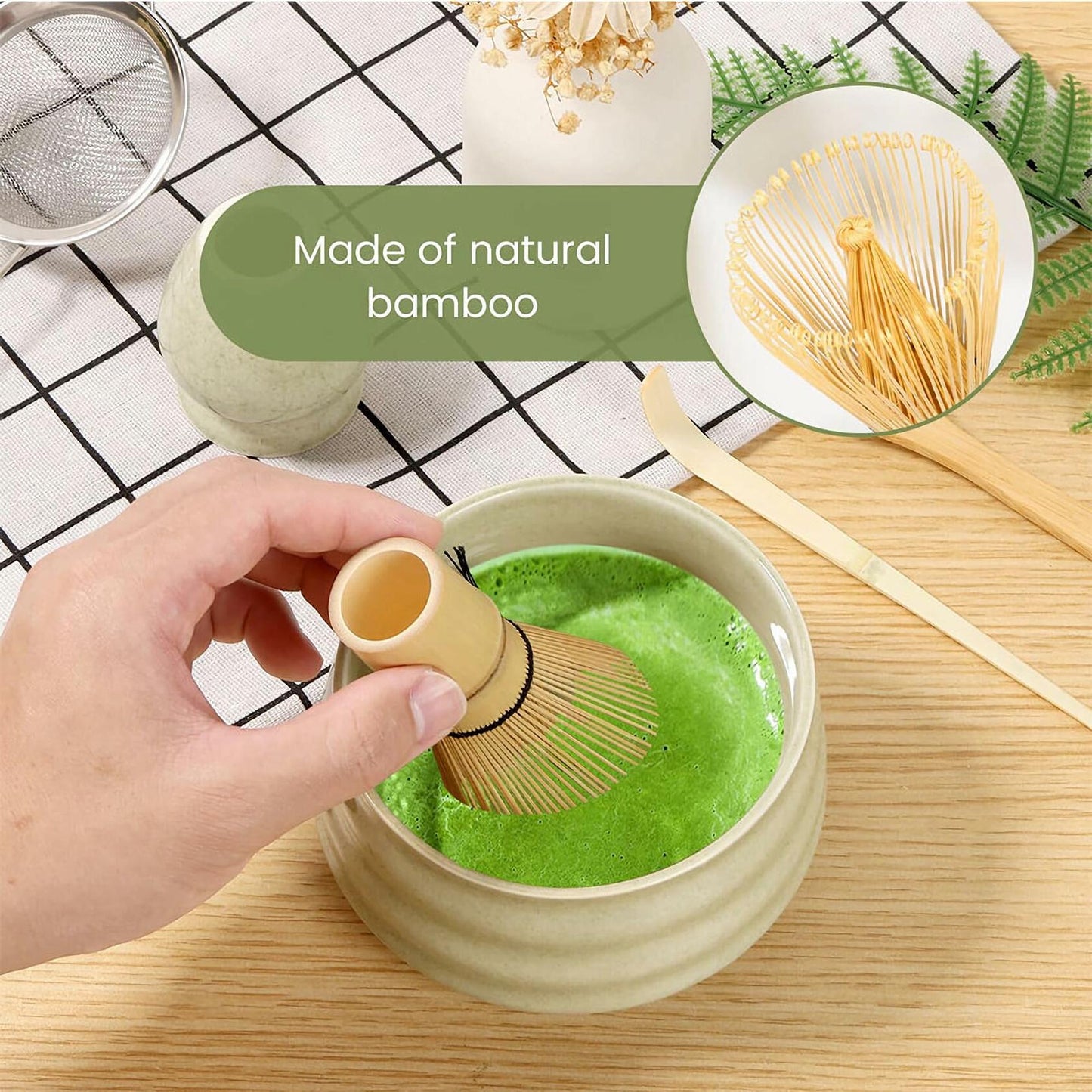 Sfutee Matcha Whisk Set 4pcs Ceramic Bowl Bamboo Scoop Chasen Holder 19oz Green