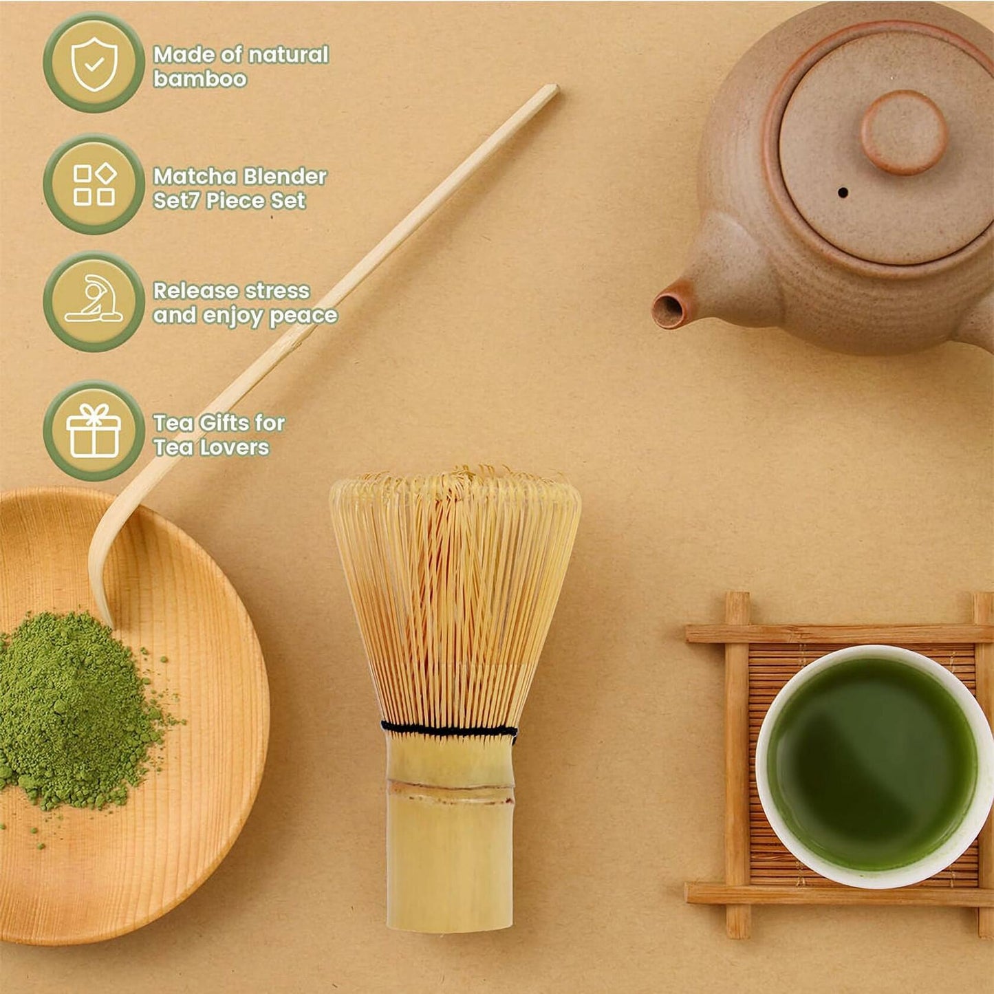 Sfutee Matcha Whisk Set 4pcs Ceramic Bowl Bamboo Scoop Chasen Holder 19oz Green