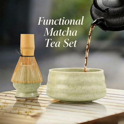 Sfutee Matcha Whisk Set 4pcs Ceramic Bowl Bamboo Scoop Chasen Holder 19oz Green
