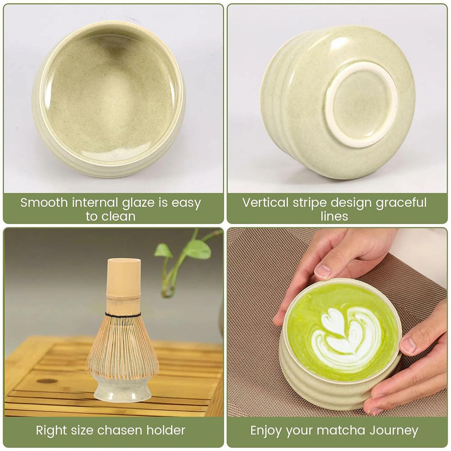 Sfutee Matcha Whisk Set 4pcs Ceramic Bowl Bamboo Scoop Chasen Holder 19oz Green