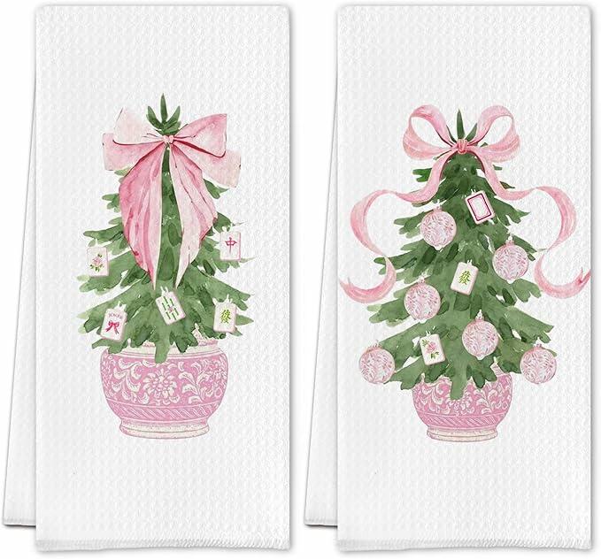 SereneHanctuary Chinoiserie Pink Bow Martini Kitchen Towels 16x24 Set of 4