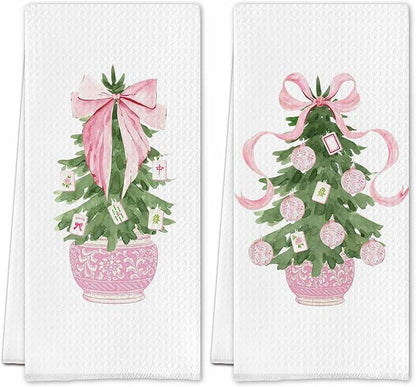 SereneHanctuary Chinoiserie Pink Bow Martini Kitchen Towels 16x24 Set of 4