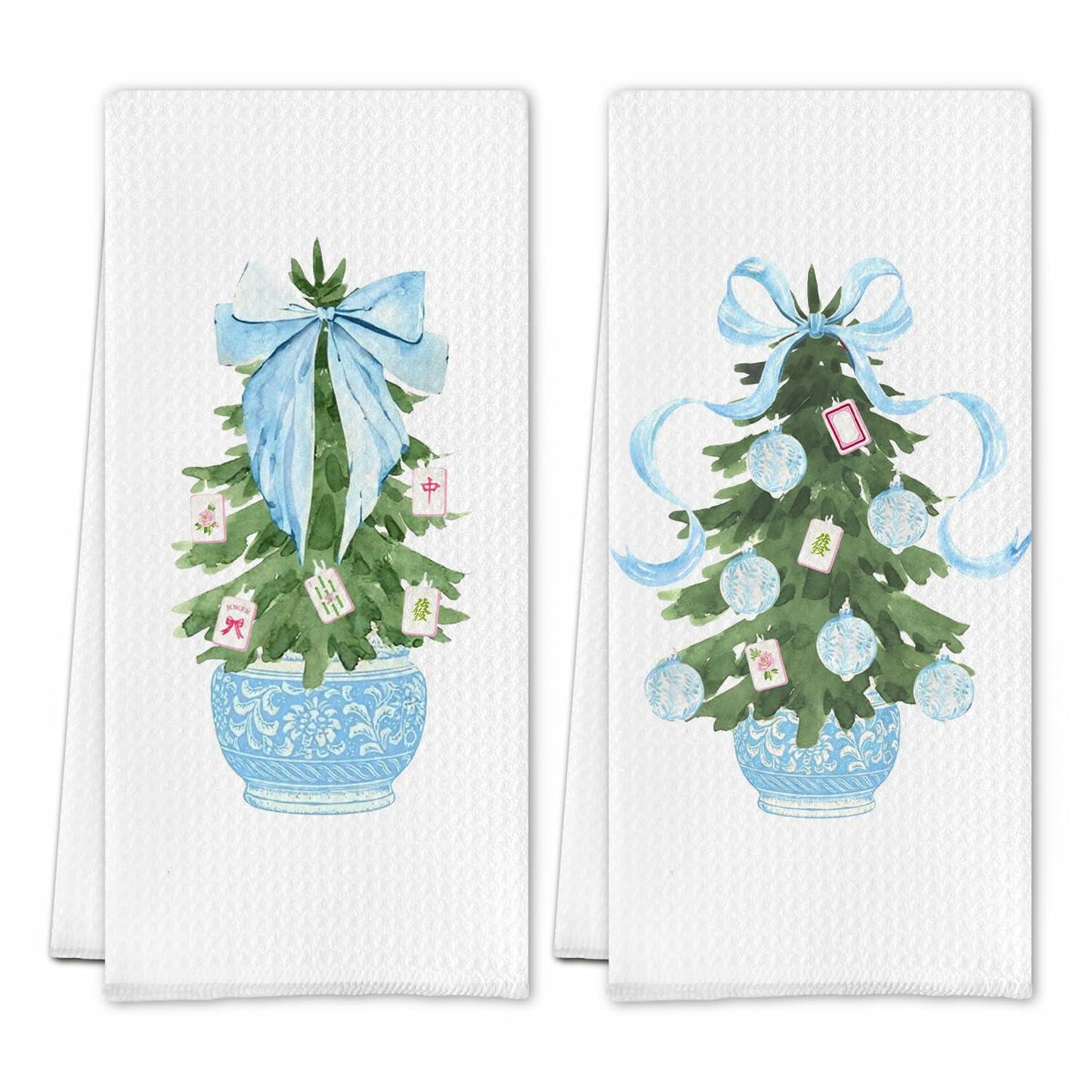 SereneHanctuary Chinoiserie Pink Bow Martini Kitchen Towels 16x24 Set of 4