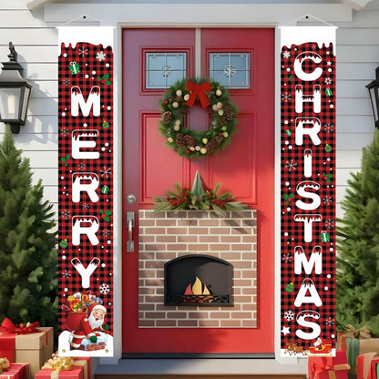 Libemskix Merry Christmas Door Banner 71x12in Red Black Buffalo Plaid 2pcs