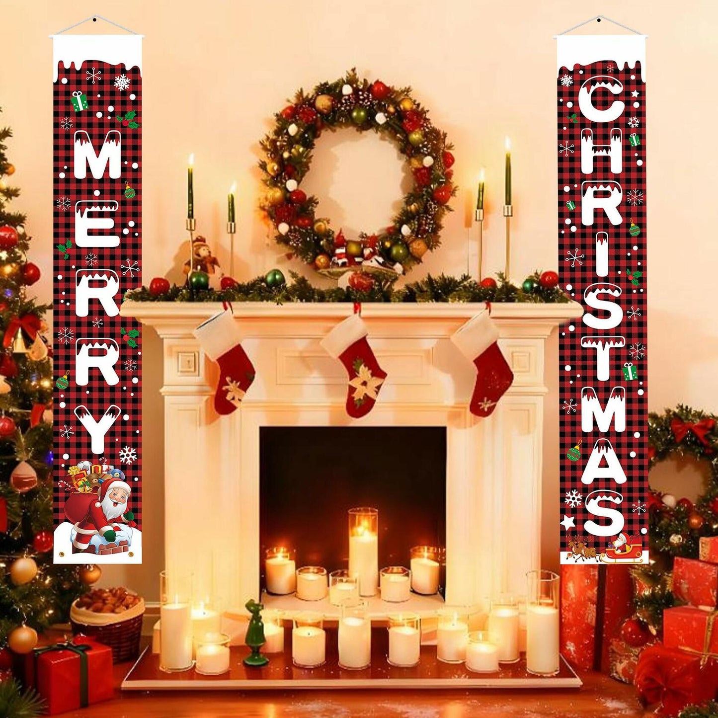 Libemskix Merry Christmas Door Banner 71x12in Red Black Buffalo Plaid 2pcs