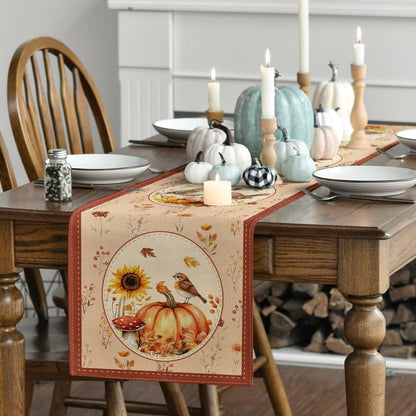 Artoid Mode Pumpkin Bird Floral Table Runner Red 13x72 Inch Rustic Bohemian