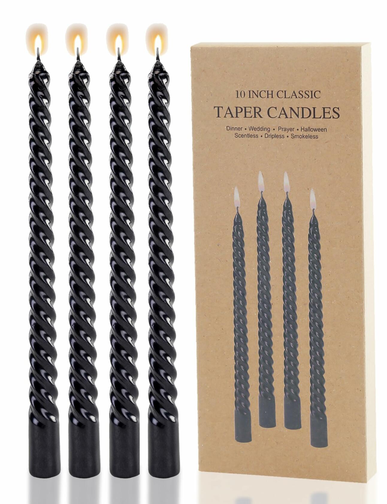 Color Poem Ornament 10in Black Dripless Halloween Taper Candles Set of 4