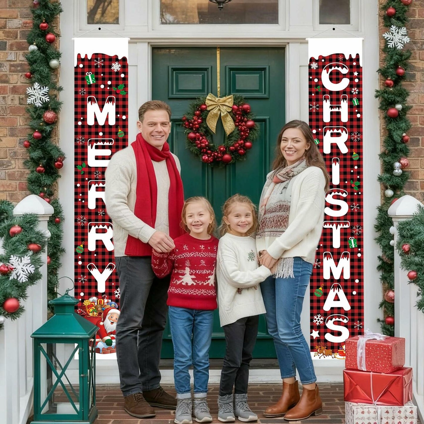Libemskix Merry Christmas Door Banner 71x12in Red Black Buffalo Plaid 2pcs
