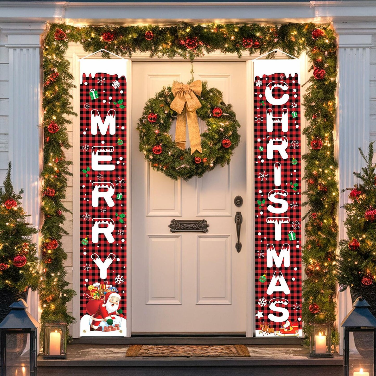 Libemskix Merry Christmas Door Banner 71x12in Red Black Buffalo Plaid 2pcs