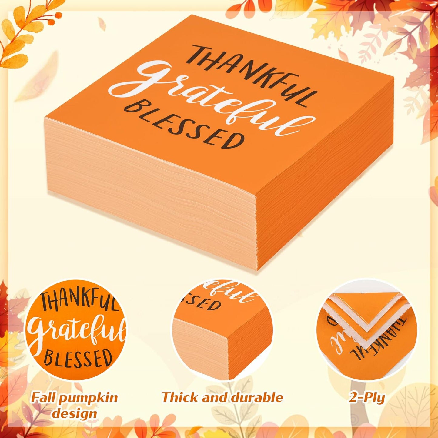 AllReal 100Pcs Thanksgiving Fall Pumpkin Orange Paper Napkins Disposable