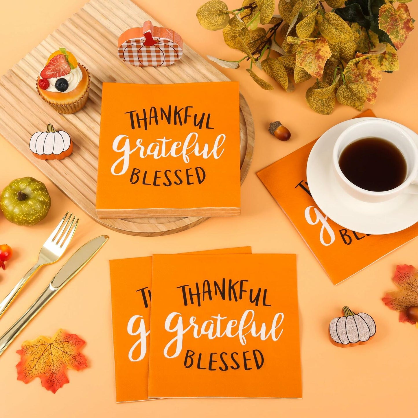 AllReal 100Pcs Thanksgiving Fall Pumpkin Orange Paper Napkins Disposable
