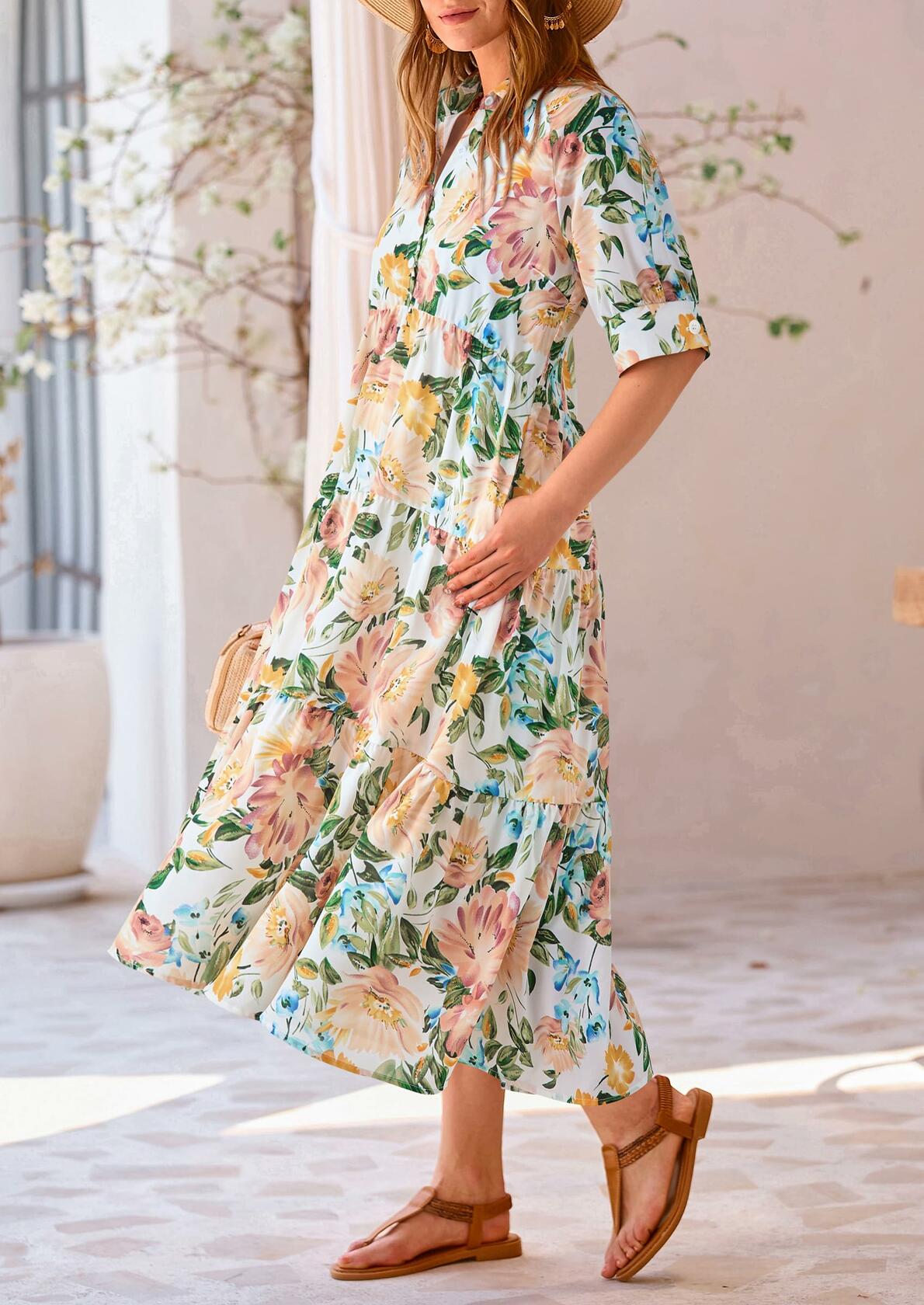 PRETTYGARDEN Women Casual Summer Floral Print Beach Maxi Dress White Apricot L